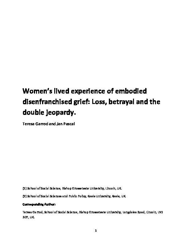 Women’s lived experience of embodied disenfranchised grief: Loss, betrayal and the double jeopardy. Thumbnail
