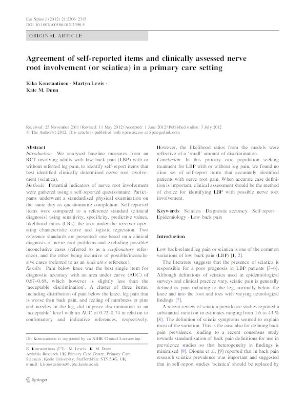 Agreement of self-reported items and clinically assessed nerve root involvement (or sciatica) in a primary care setting. Thumbnail