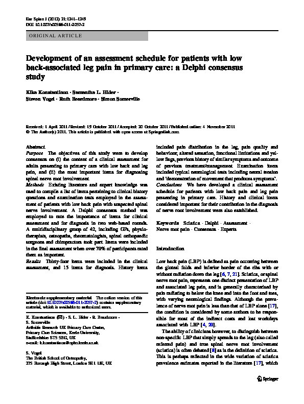 Development of an assessment schedule for patients with low back-associated leg pain in primary care: a Delphi consensus study. Thumbnail