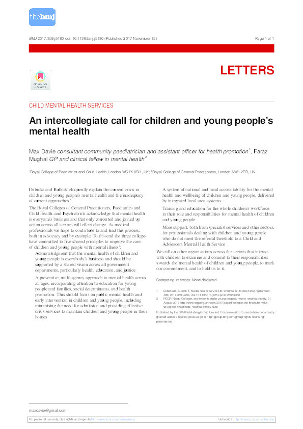 An intercollegiate call for children and young people's mental health Thumbnail