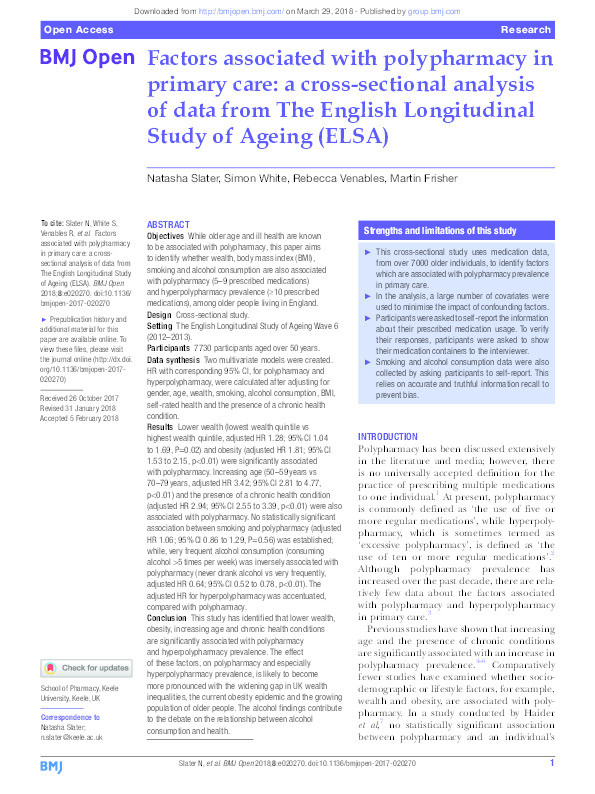 Factors associated with polypharmacy in primary care: a cross-sectional analysis of data from The English Longitudinal Study of Ageing (ELSA). Thumbnail
