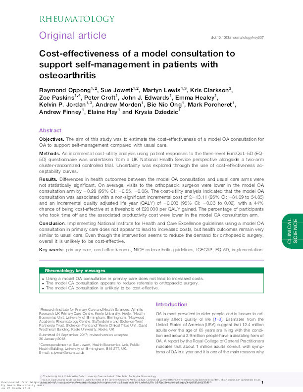 Cost-effectiveness of a model consultation to support self-management in patients with osteoarthritis Thumbnail