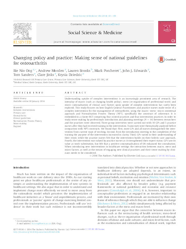 Changing policy and practice: making sense of national guidelines for osteoarthritis. Thumbnail