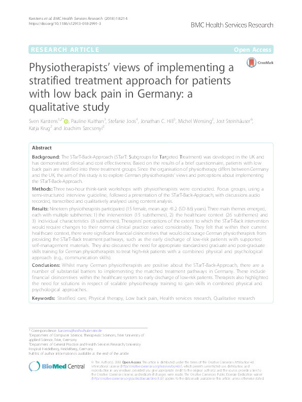 Physiotherapists’ views of implementing a stratified treatment approach for patients with low back pain in Germany: a qualitative study Thumbnail