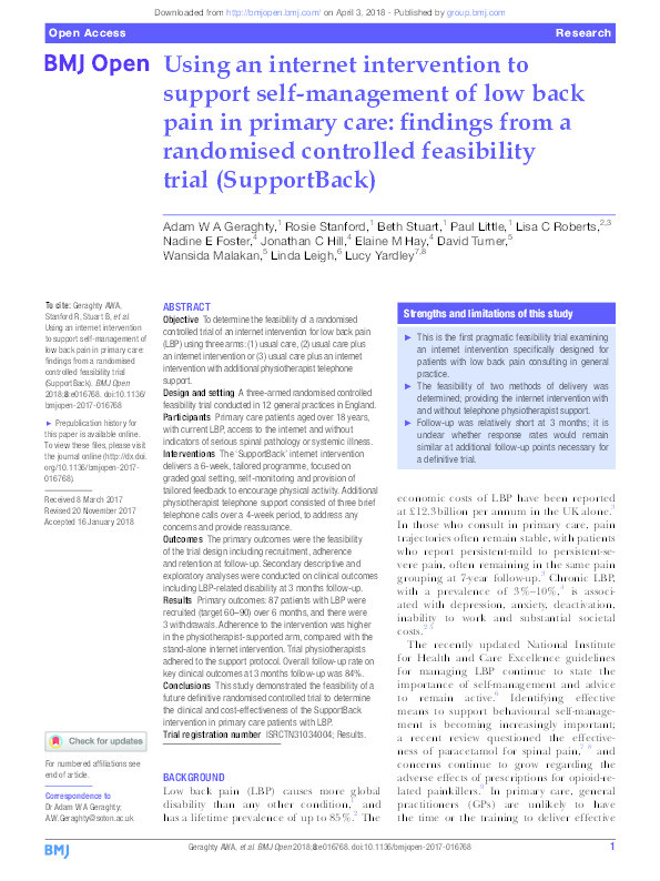 Using an internet intervention to support self-management of low back pain in primary care: findings from a randomised controlled feasibility trial (SupportBack). Thumbnail
