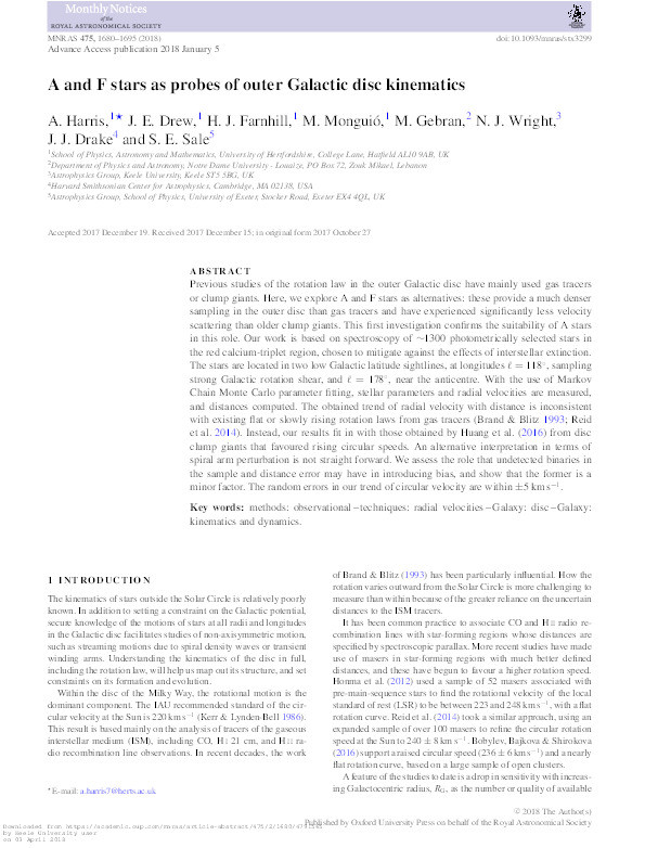 A and F stars as probes of outer Galactic disc kinematics Thumbnail