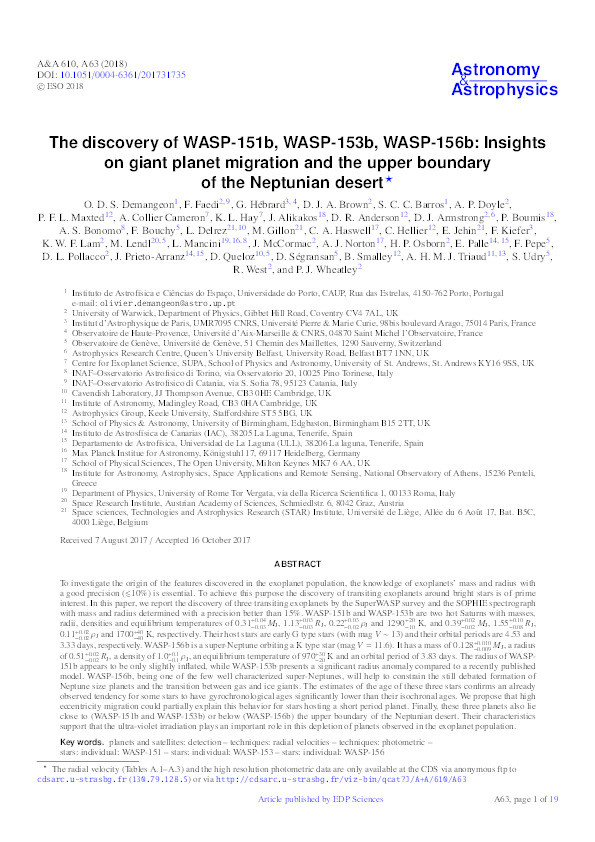 The discovery of WASP-151b, WASP-153b, WASP-156b: Insights on giant planet migration and the upper boundary of the Neptunian desert Thumbnail