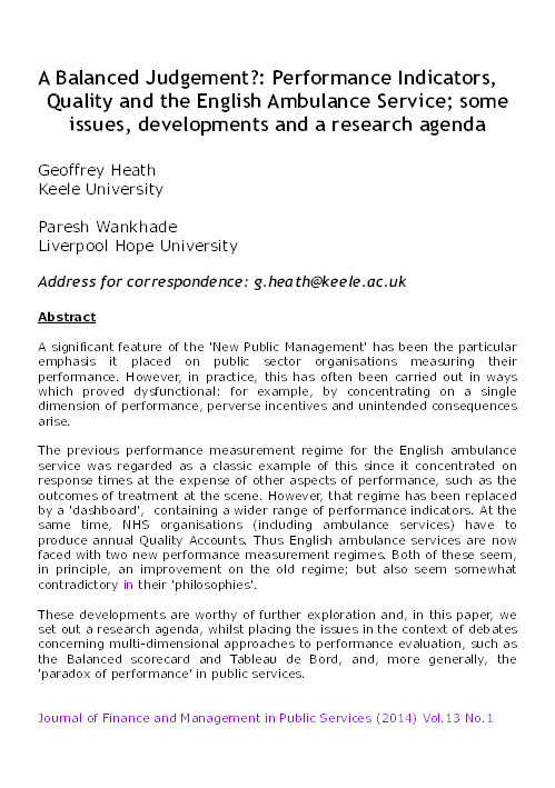 A balanced judgement? Performance indicators, quality and the English ambulance service; some issues, developments and a research agenda Thumbnail