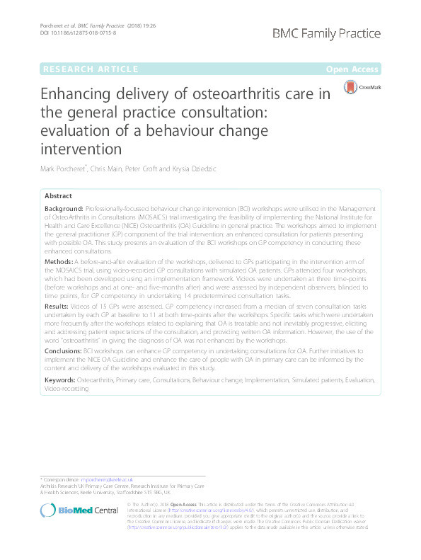 Enhancing delivery of osteoarthritis care in the general practice consultation: evaluation of a behaviour change intervention Thumbnail