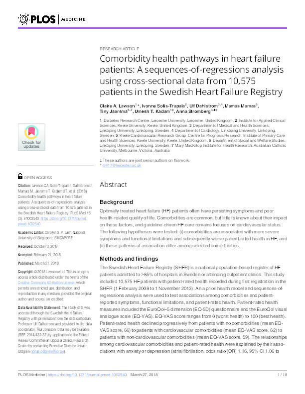Comorbidity health pathways in heart failure patients: A sequences-of-regressions analysis using cross-sectional data from 10,575 patients in the Swedish Heart Failure Registry Thumbnail