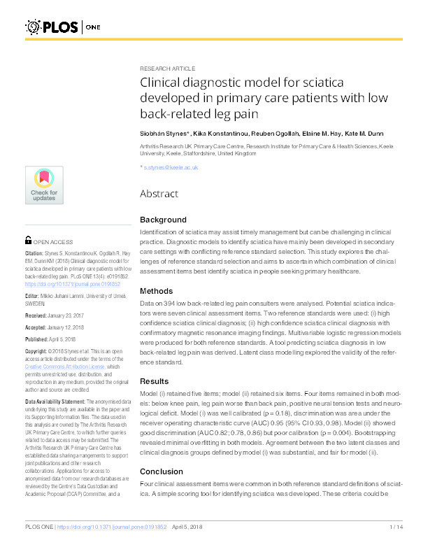 Clinical diagnostic model for sciatica developed in primary care patients with low back-related leg pain Thumbnail