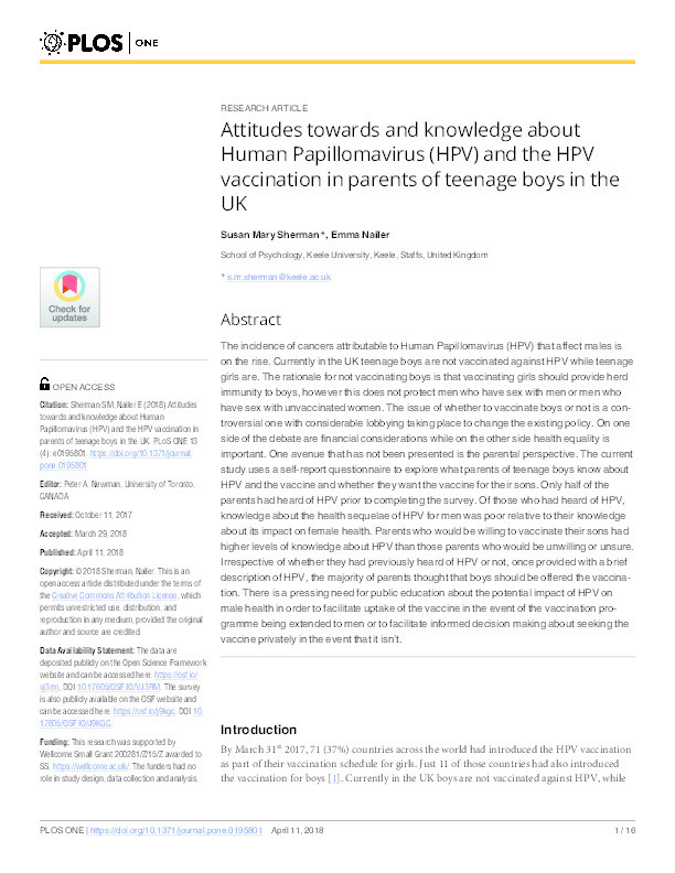 Attitudes towards and knowledge about Human Papillomavirus (HPV) and the HPV vaccination in parents of teenage boys in the UK Thumbnail