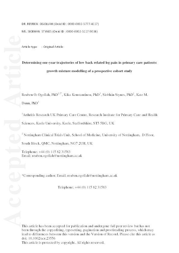 Determining one-year trajectories of low back related leg pain in primary care patients: growth mixture modelling of a prospective cohort study Thumbnail