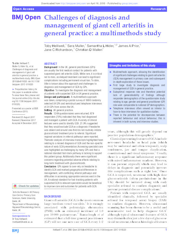 Challenges of diagnosis and management of giant cell arteritis in general practice: a multimethods study Thumbnail