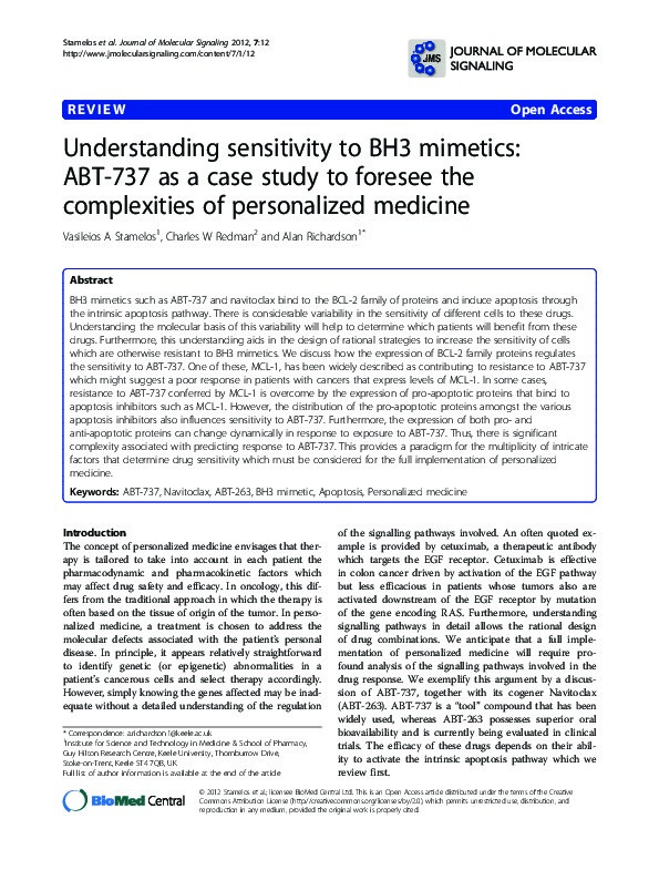 Understanding sensitivity to BH3 mimetics: ABT-737 as a case study to foresee the complexities of personalized medicine. Thumbnail