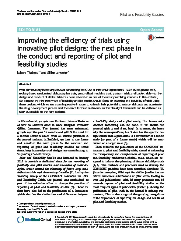 Improving the efficiency of trials using innovative pilot designs: the next phase in the conduct and reporting of pilot and feasibility studies. Thumbnail