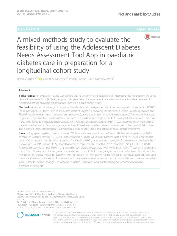 A mixed methods study to evaluate the feasibility of using the Adolescent Diabetes Needs Assessment Tool App in paediatric diabetes care in preparation for a longitudinal cohort study. Thumbnail