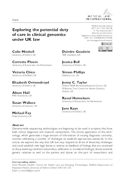 Exploring the potential duty of care in clinical genomics under UK law. Thumbnail