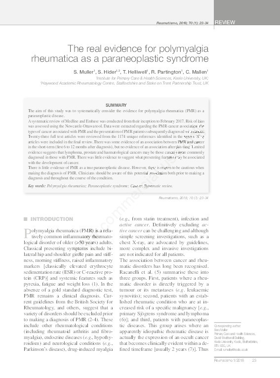 The real evidence for polymyalgia rheumatica as a paraneoplastic syndrome. Thumbnail