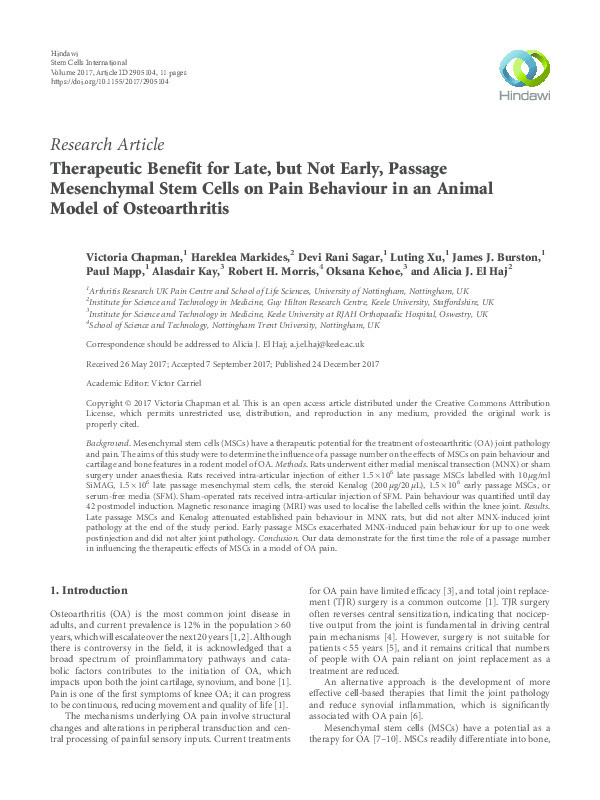Therapeutic Benefit for Late, but Not Early, Passage Mesenchymal Stem Cells on Pain Behaviour in an Animal Model of Osteoarthritis. Thumbnail