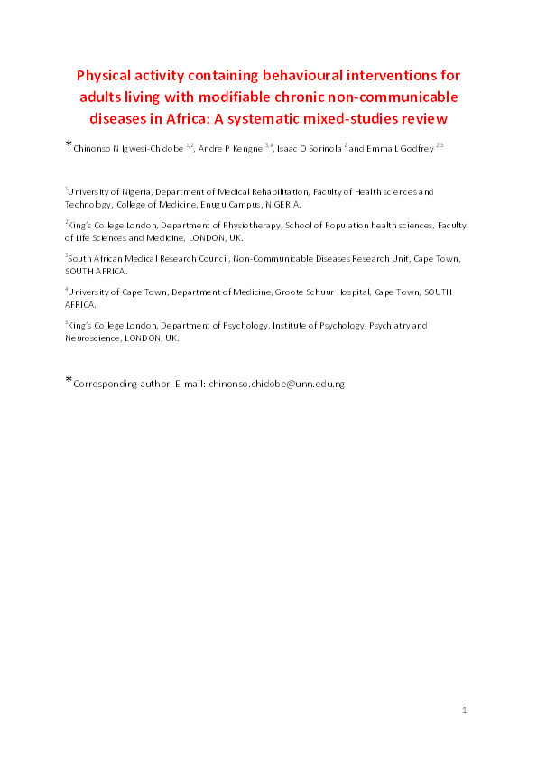 Physical activity containing behavioural interventions for adults living with modifiable chronic non-communicable diseases in Africa: a systematic mixed-studies review. Thumbnail