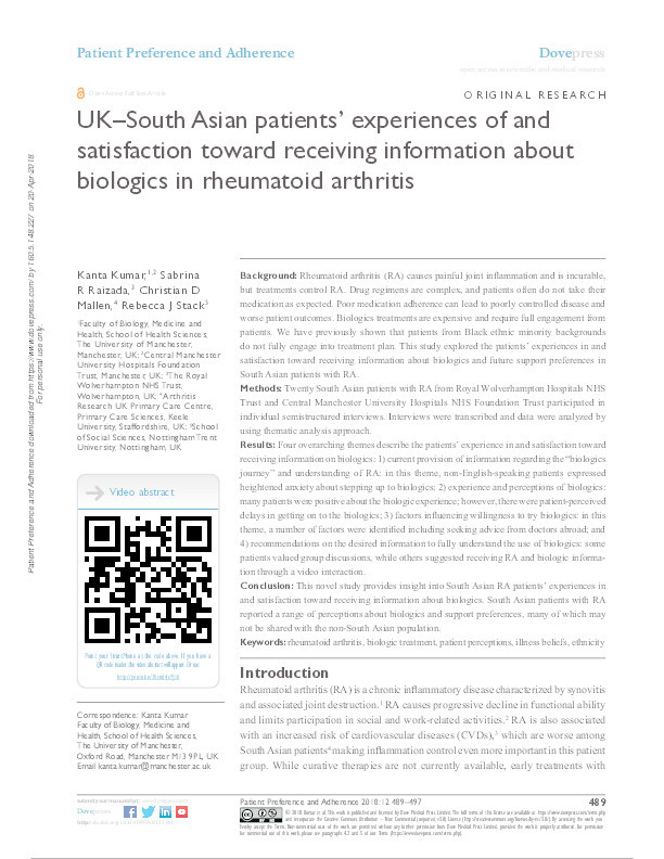 UK-South Asian patients' experiences of and satisfaction toward receiving information about biologics in rheumatoid arthritis Thumbnail