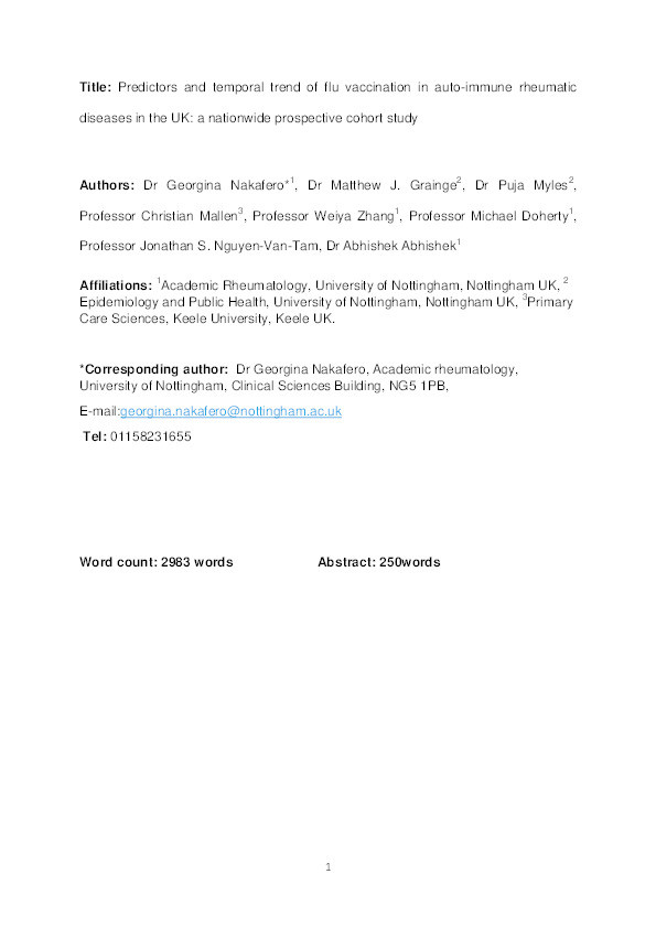 Predictors and temporal trend of flu vaccination in auto-immune rheumatic diseases in the UK: a nationwide prospective cohort study Thumbnail