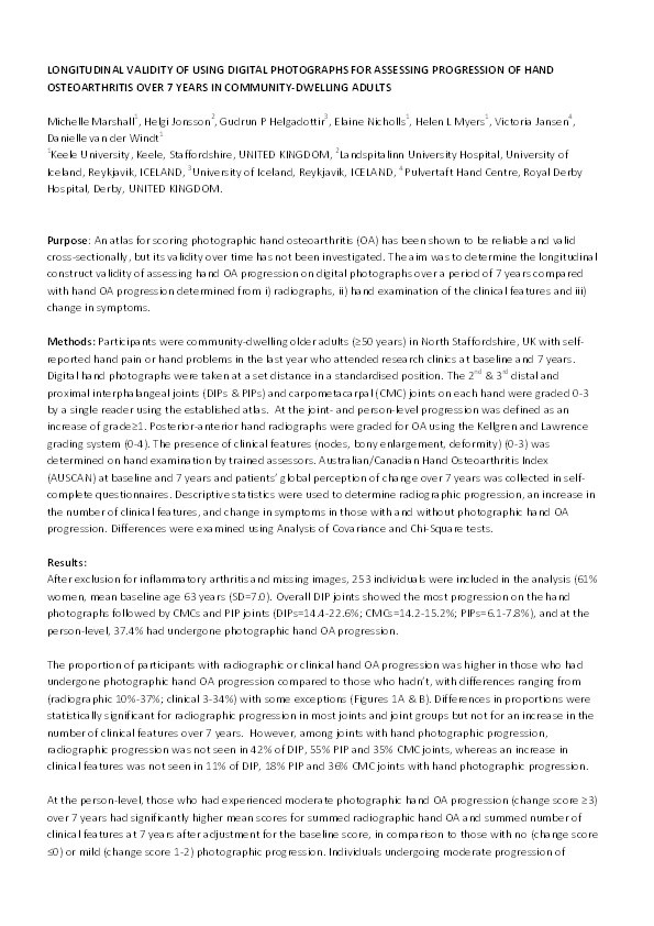 Longitudinal validity of using digital photographs for assessing progression of hand osteoarthritis over 7 years in community-dwelling adults Thumbnail