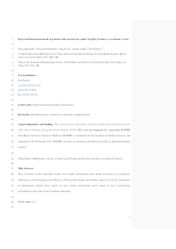 Expressed information needs of patients with osteoporosis and/or fragility fractures: a systematic review Thumbnail