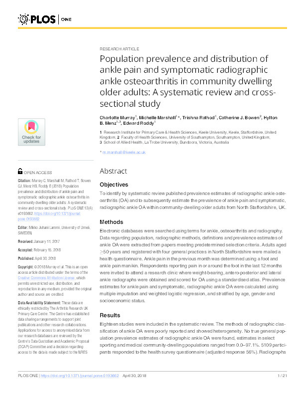 Population Prevalence and Distribution of Ankle Pain and Symptomatic Radiographic Ankle Osteoarthritis in Community Dwelling Older Adults: A Systematic Review and Cross-Sectional Study Thumbnail