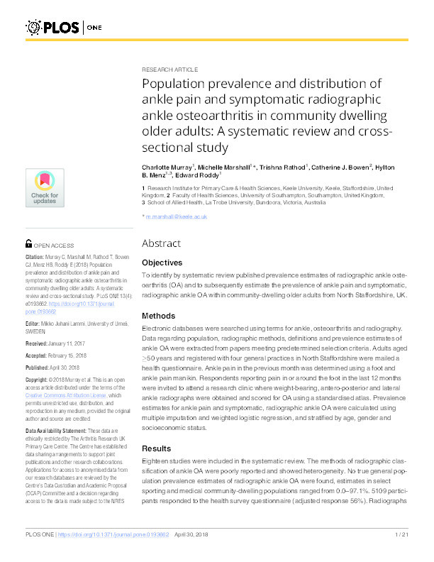 Population Prevalence and Distribution of Ankle Pain and Symptomatic Radiographic Ankle Osteoarthritis in Community Dwelling Older Adults: A Systematic Review and Cross-Sectional Study Thumbnail