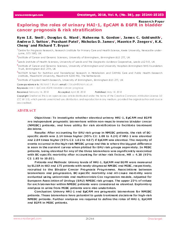 Exploring the roles of urinary HAI-1, EpCAM and EGFR in bladder cancer prognosis and risk stratification Thumbnail