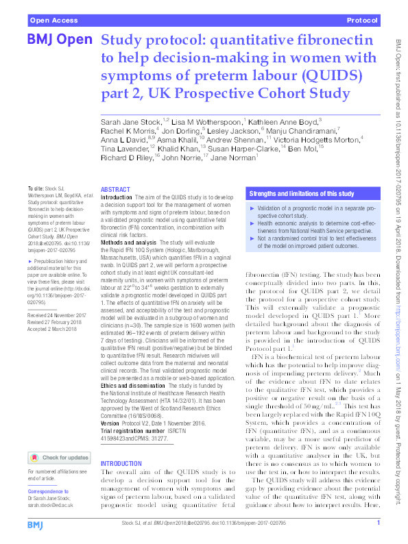 Study protocol: quantitative fibronectin to help decision-making in women with symptoms of preterm labour (QUIDS) part 2, UK Prospective Cohort Study. Thumbnail