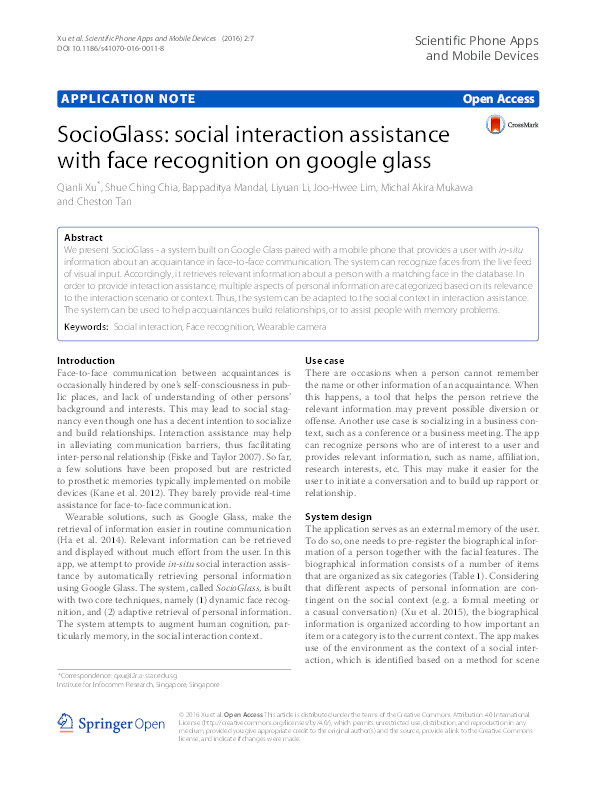 SocioGlass: Social interaction assistance with face recognition on google glass Thumbnail