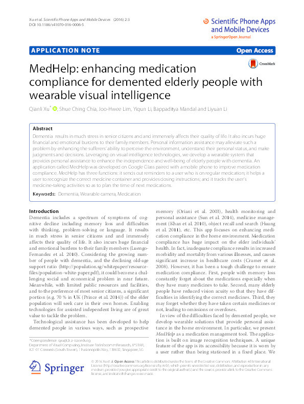MedHelp: Enhancing medication compliance for demented elderly people with wearable visual intelligence Thumbnail