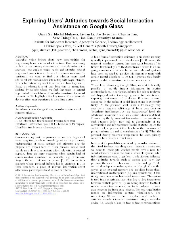 Exploring Users Attitudes towards Social Interaction Assistance on Google Glass Thumbnail