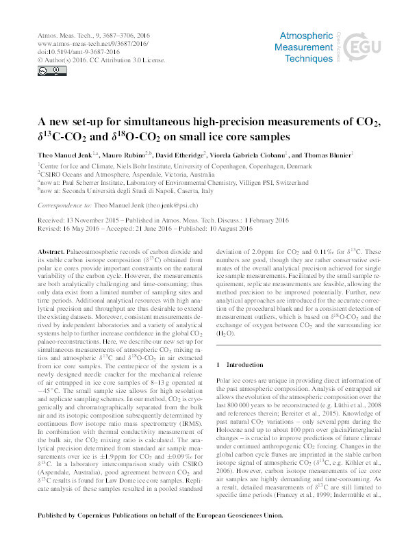 A new set-up for simultaneous high-precision measurements of CO2, delta C-13-CO2 and delta O-18-CO2 on small ice core samples Thumbnail