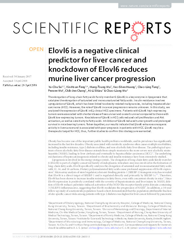 Elovl6 is a negative clinical predictor for liver cancer and knockdown of Elovl6 reduces murine liver cancer progression Thumbnail