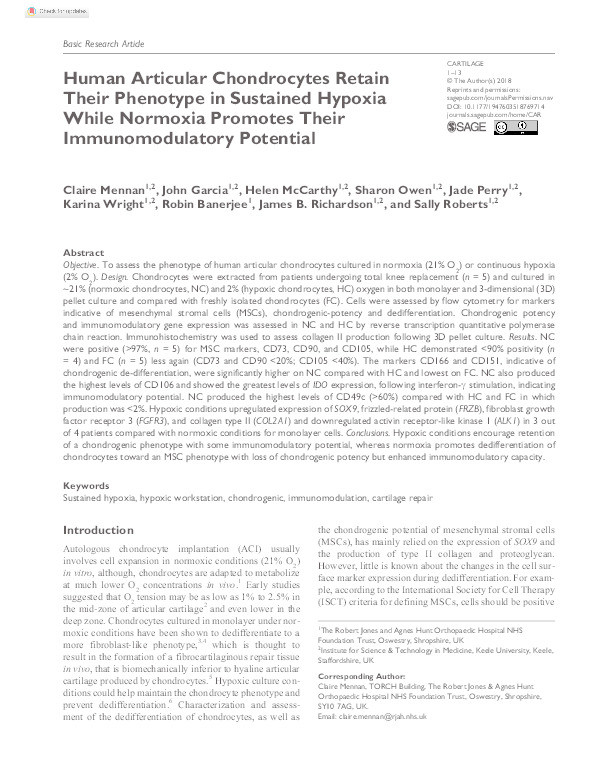 Human Articular Chondrocytes Retain Their Phenotype in Sustained Hypoxia While Normoxia Promotes Their Immunomodulatory Potential Thumbnail
