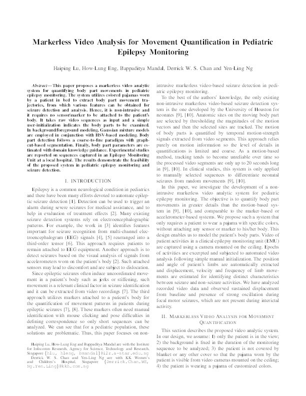 Markerless Video Analysis for Movement Quantification in Pediatric Epilepsy Monitoring Thumbnail