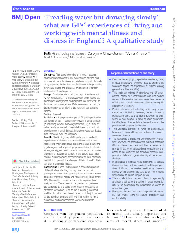 ‘Treading water but drowning slowly’: what are GPs’ experiences of living and working with mental illness and distress in England? A qualitative study Thumbnail