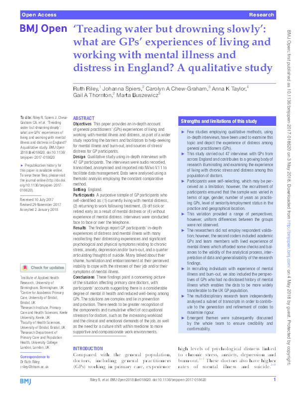 ‘Treading water but drowning slowly’: what are GPs’ experiences of living and working with mental illness and distress in England? A qualitative study Thumbnail
