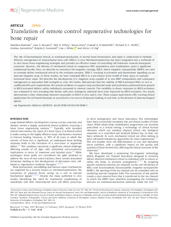 Translation of remote control regenerative technologies for bone repair. Thumbnail