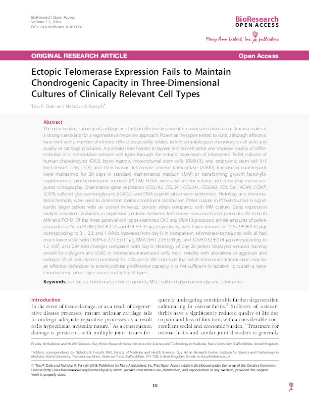 Ectopic Telomerase Expression Fails to Maintain Chondrogenic Capacity in Three-Dimensional Cultures of Clinically Relevant Cell Types. Thumbnail