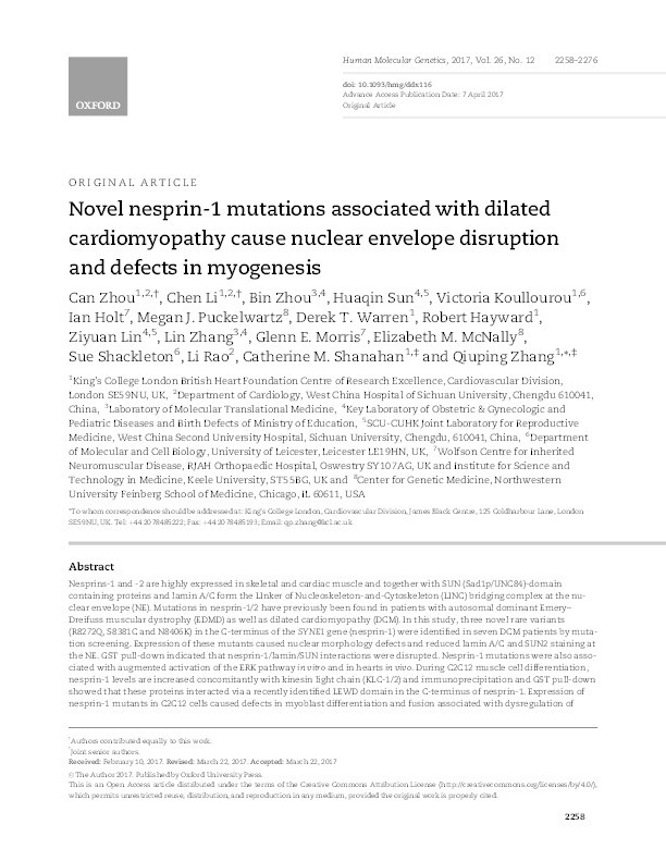 Novel nesprin-1 mutations associated with dilated cardiomyopathy cause nuclear envelope disruption and defects in myogenesis. Thumbnail