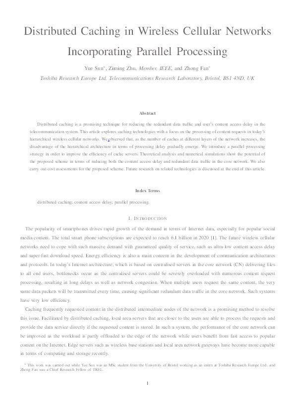 Distributed Caching in Wireless Cellular Networks Incorporating Parallel Processing Thumbnail