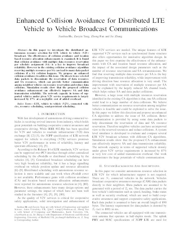 Enhanced Collision Avoidance for Distributed LTE Vehicle to Vehicle Broadcast Communications Thumbnail