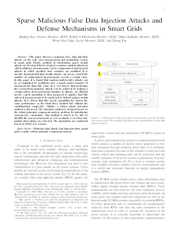 Sparse Malicious False Data Injection Attacks and Defense Mechanisms in Smart Grids Thumbnail