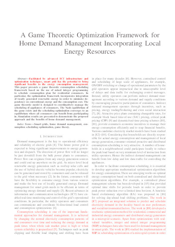 A Game Theoretic Optimization Framework for Home Demand Management Incorporating Local Energy Resources Thumbnail