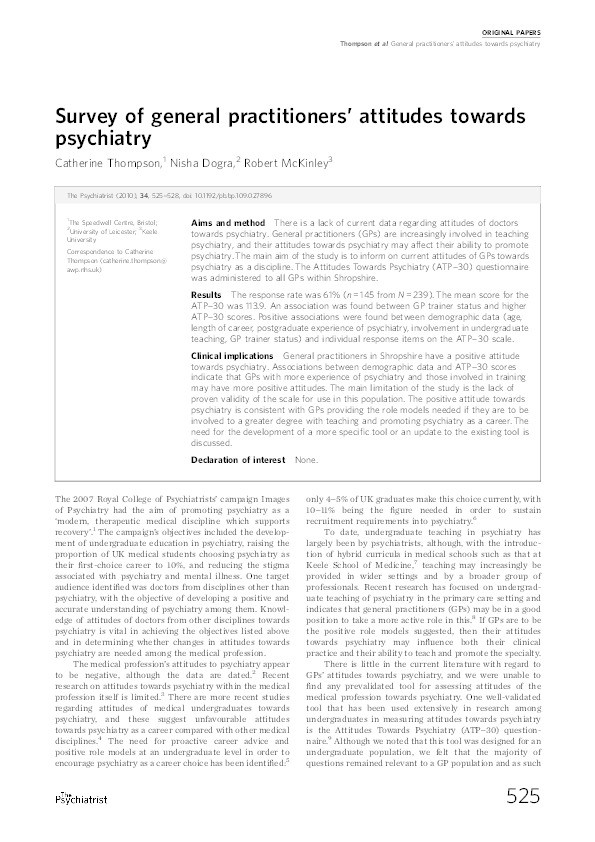 A survey of general practitioners' attitudes towards psychiatry. Thumbnail